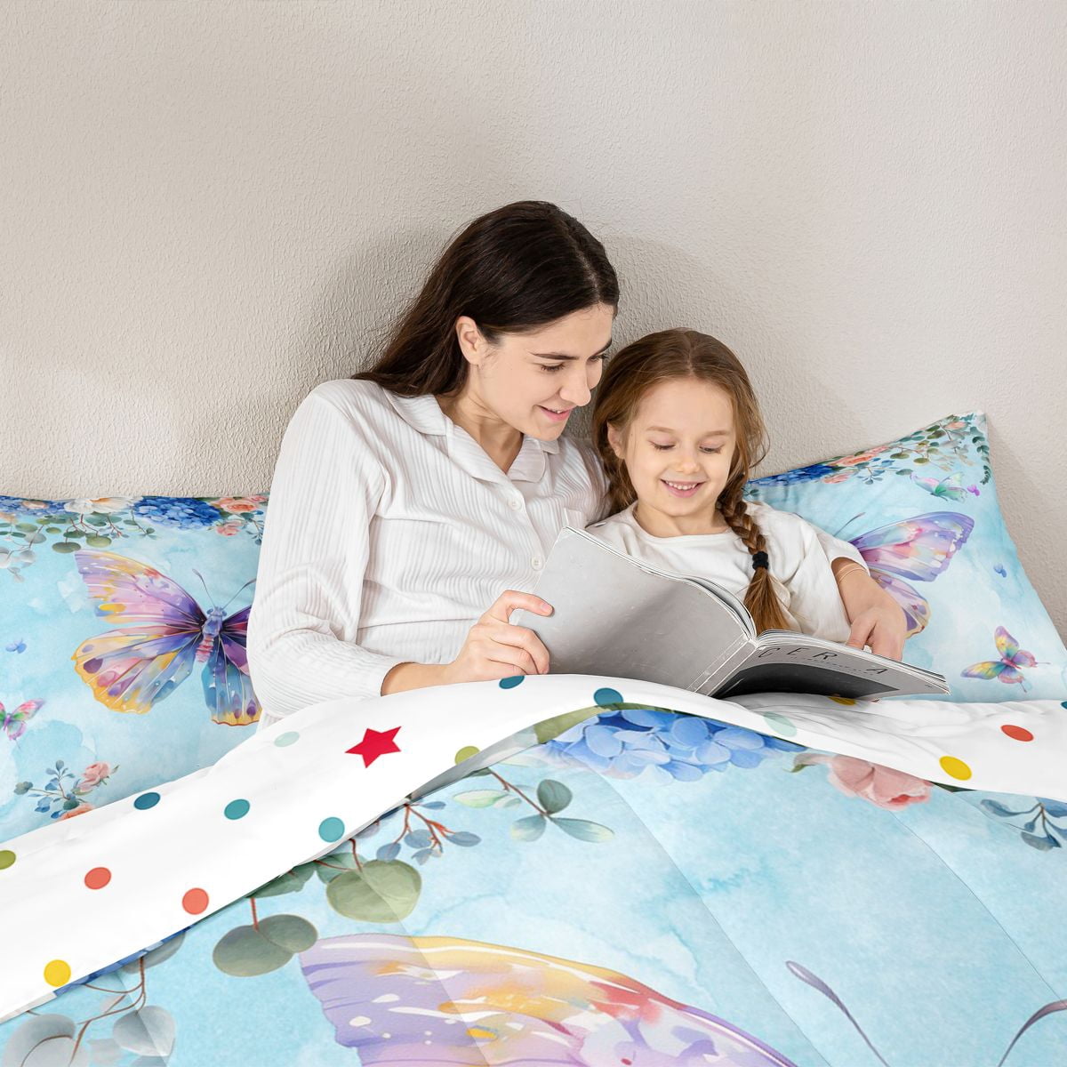 Homewish Kawaii Butterfly 7pcs Bedding Comforter Set,Modern Painting Artistic Queen Bedding Sets,Blue Purple Queen Sheet Sets For Girls Kids,Luxury Bedroom Decor Reversible