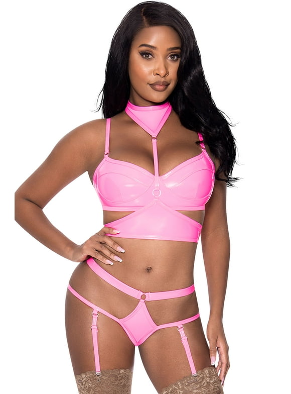 Magic Silk Hard Candy Demi Bra, Harness & Garter Panty Pink L/XL