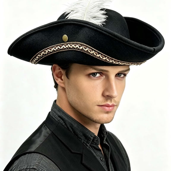 Hat for Men Decorative Feather Trimmed Renaissance Themed Party Hat Black Free Size