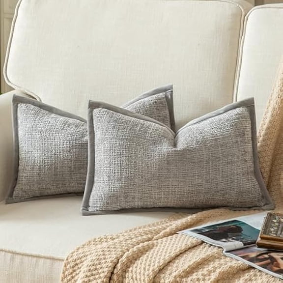 Eryueer Pack of 2 Chenille Textured Decorative Cushion Covers Accent Solid Throw Pillow Covers Soft Cozy Pillow Case with Velvet Back for Couch Sofa Bed Living Room 12x20 Inch 30x50cm Light Grey