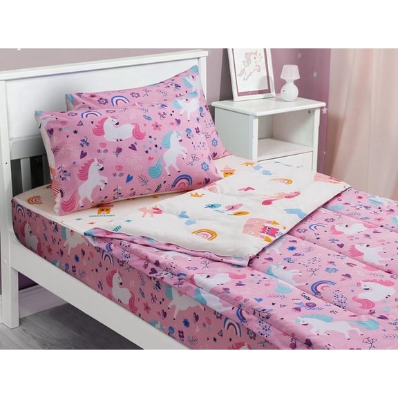 NTBED 3pcs Kids Comforter Sets Zipper Bedding Set for Girls,Twin Kid Bedding Set Rainbow Comforter Unicorn Bedding Set for Kid,All in one Zipper Bedding(Pink，Twin)