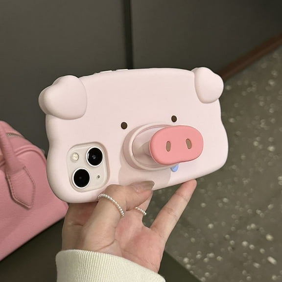 Korea cute pig 3D nose holder pink phone case for iPhone 14 13 12 Pro Max 11 girl cartoon animal shockproof soft silicone cover