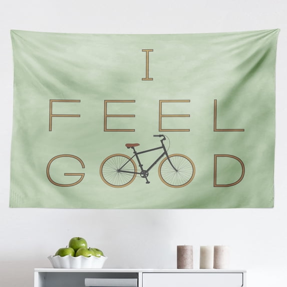 Saying Tapestry, Feel Free and Every Day in a Shape of Human Face with Mustache Beard Bicycle, Fabric Wall Hanging Decor for Bedroom Living Room Dorm, 2 Sizes, Multicolor, by Ambesonne