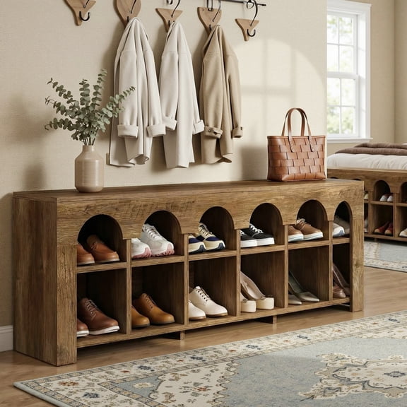 63" Entryway Shoe Bench with Storage Cubby Shelves, Long Narrow Wooden Bench with Seat, 2-Tier Hallway Bench for Bedroom, Living Room or Entryway