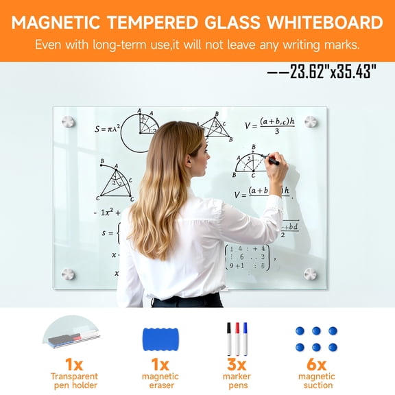Tereitr 23.6x35.4 Inch Wall Mounted Whiteboard with 3 Markers & 1 Eraser, Magnetic Dry Erase Board, Frameless, Scratch Resistant Tempered Glass for Office, Home, School