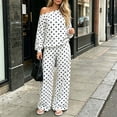 thumbnail image 4 of hoksml Women's Polka Dot Two Piece Outfit Off Shoulder Top Wide Leg Pants Casual Lounge Set Comfort, 4 of 7