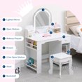 thumbnail image 3 of Kojooin Kids Vanity Desk Set with Lighted Mirror, Wooden Makeup Table with Bookshelf, Drawer, Shelves and Stool, 3 of 8