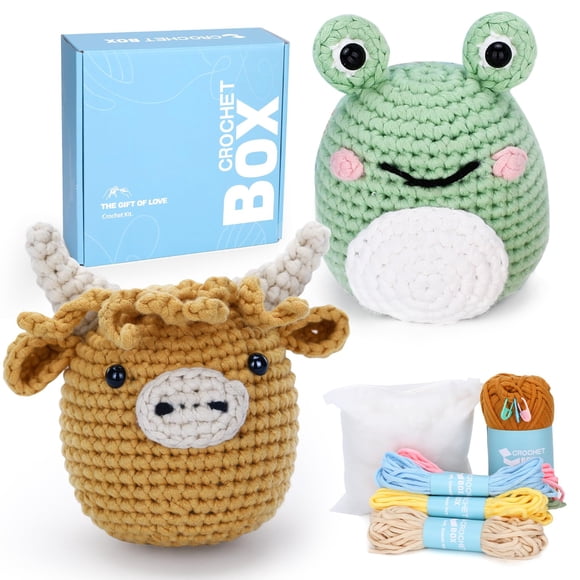 Kit de ganchillo CrochetBox para principiantes de vacas y ranas de las Tierras Altas