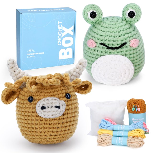 Kit de ganchillo CrochetBox para principiantes de vacas y ranas de las Tierras Altas