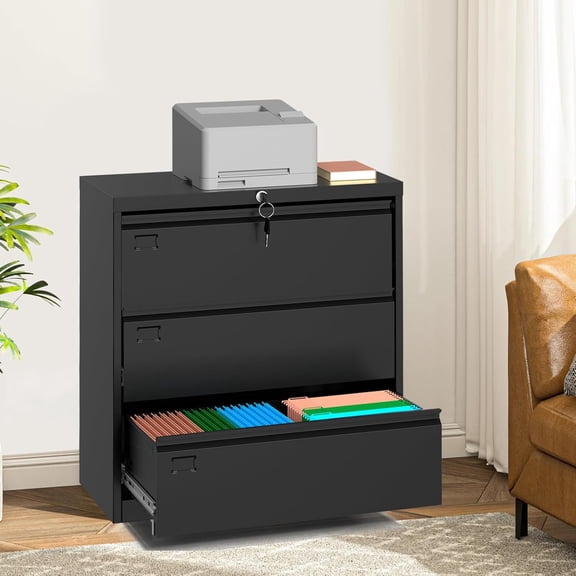 3-Drawer Lateral File Cabinet with Lock, Heavy-Duty Steel Office Storage for Letter, Legal & A4 Files, Space-Saving Design, Black