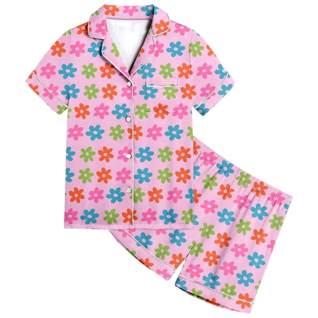 Hiiyo Big Girls Pajamas Full Print Short Sleeve Button Down Sleepwear Pjs, Sizes 2-13