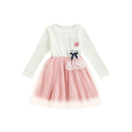 

Nokpsedcb Princess Kids Baby Girls Easter Dress Cute 3D Bunny Lace Round Neck Long Sleeve Patch Tulle Tutu Dress White 12-18 Months