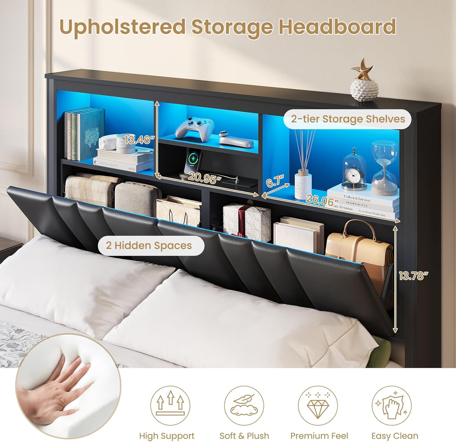 Mabor Queen Size Bed with 4 Drawers,Bed Frame with Upholstered Bookcase Headboard & Hidden Storage,Queen Size Bed Frame with LED Lights and Charging Station, Heavy-Duty Metal Platform Bed,Black