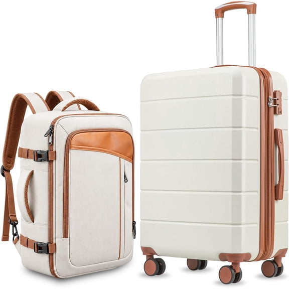 2 Piece Hardside Luggage Set with Backpack, 20 Inch Lightweight Spinner Carry On Suitcase, TSA Lock, Airline Approved, White