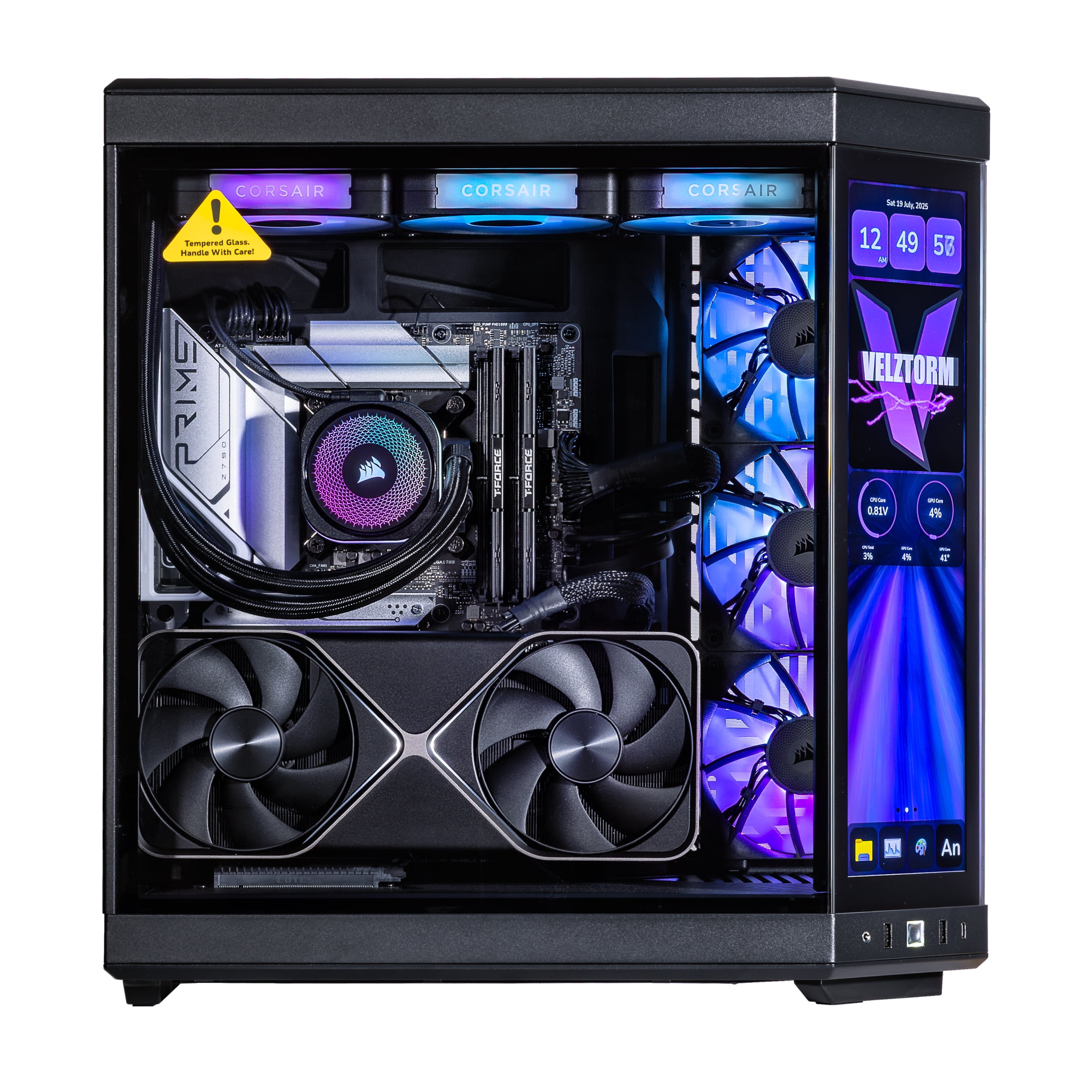 Velztorm LCD Black Praetix Custom Built Gaming Desktop PC (Intel i9-14900K, GeForce RTX 5070 Ti, 32GB DDR5, 2TB PCIe SSD, RGB Fans, 360mm AIO, 1000W PSU, WiFi 6E, Bluetooth 5.2, RJ-45, Win 11 Home)