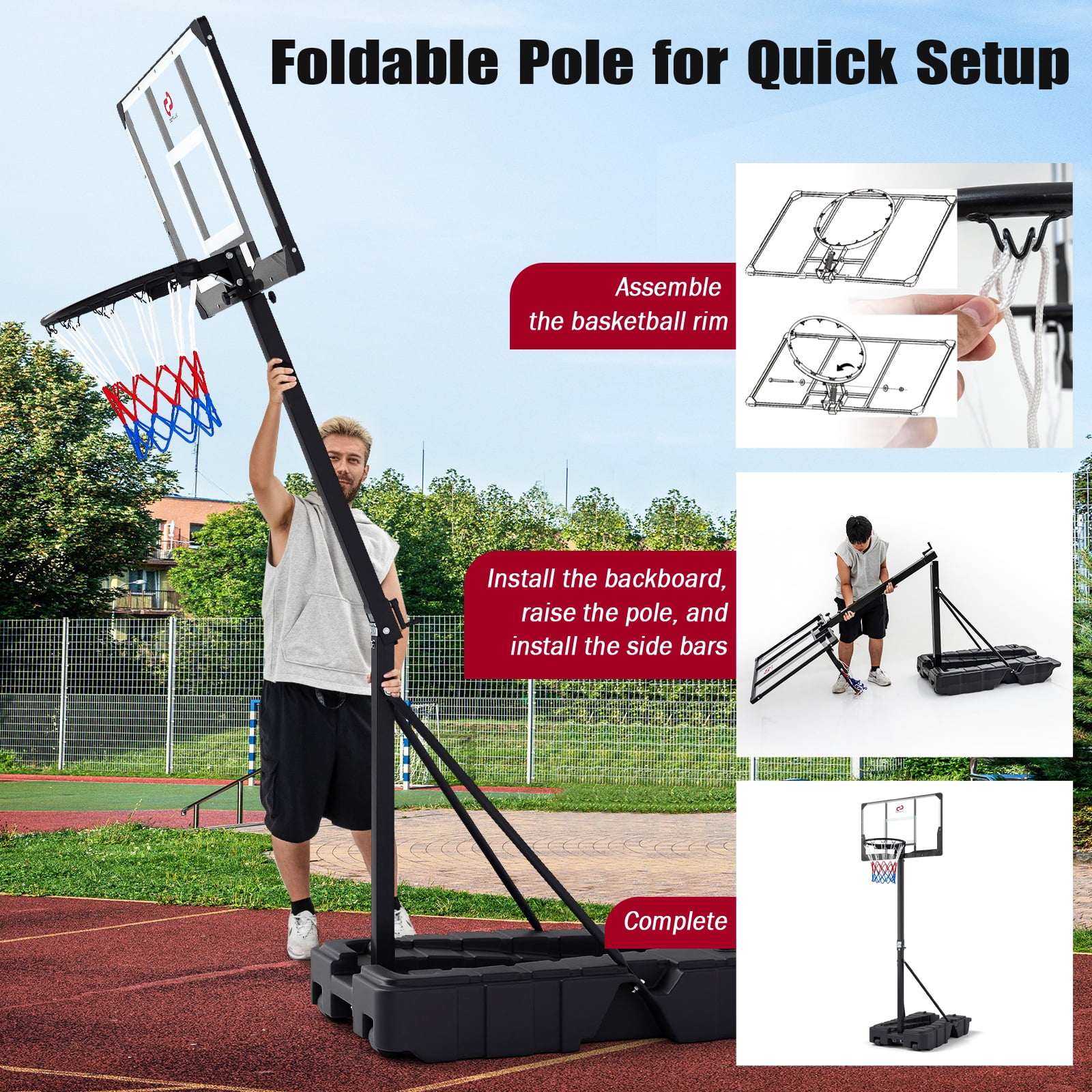 Patiojoy Foldable Basketball Hoop Stepless Adjustable Basketball Stand w/Stable Weighted Base