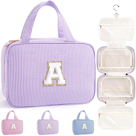 YOOLIFE Travel Hanging Toiletry Bag & Makeup Bag, Personalized Initial Toiletry Pouch, Birthday Gifts for Women Teen Girls, Cruise Essentials, Purple a