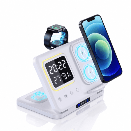 INSMART 5 in 1 Wireless Charging Station,15W Fast Charge with Digital Clock,Night Light Temperature Display Wireless Charging for iPhone,Apple Watch,Airpods