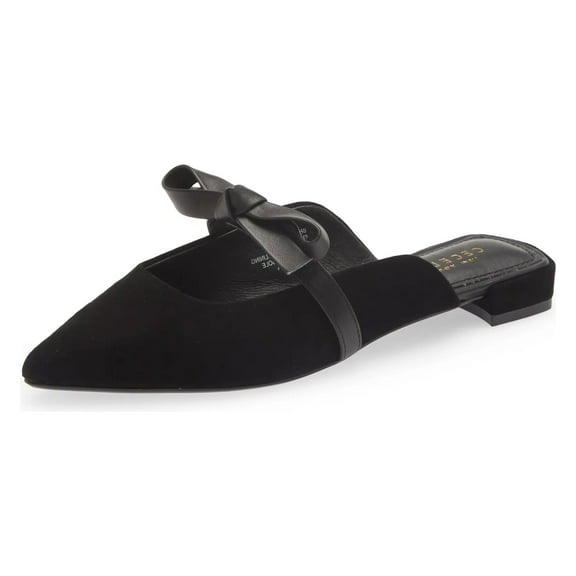 Cecelia New York Bethel Flat Mule Leather Bow Slip On Pointy Toe Flat Sandals (Black Suede, 6.5)