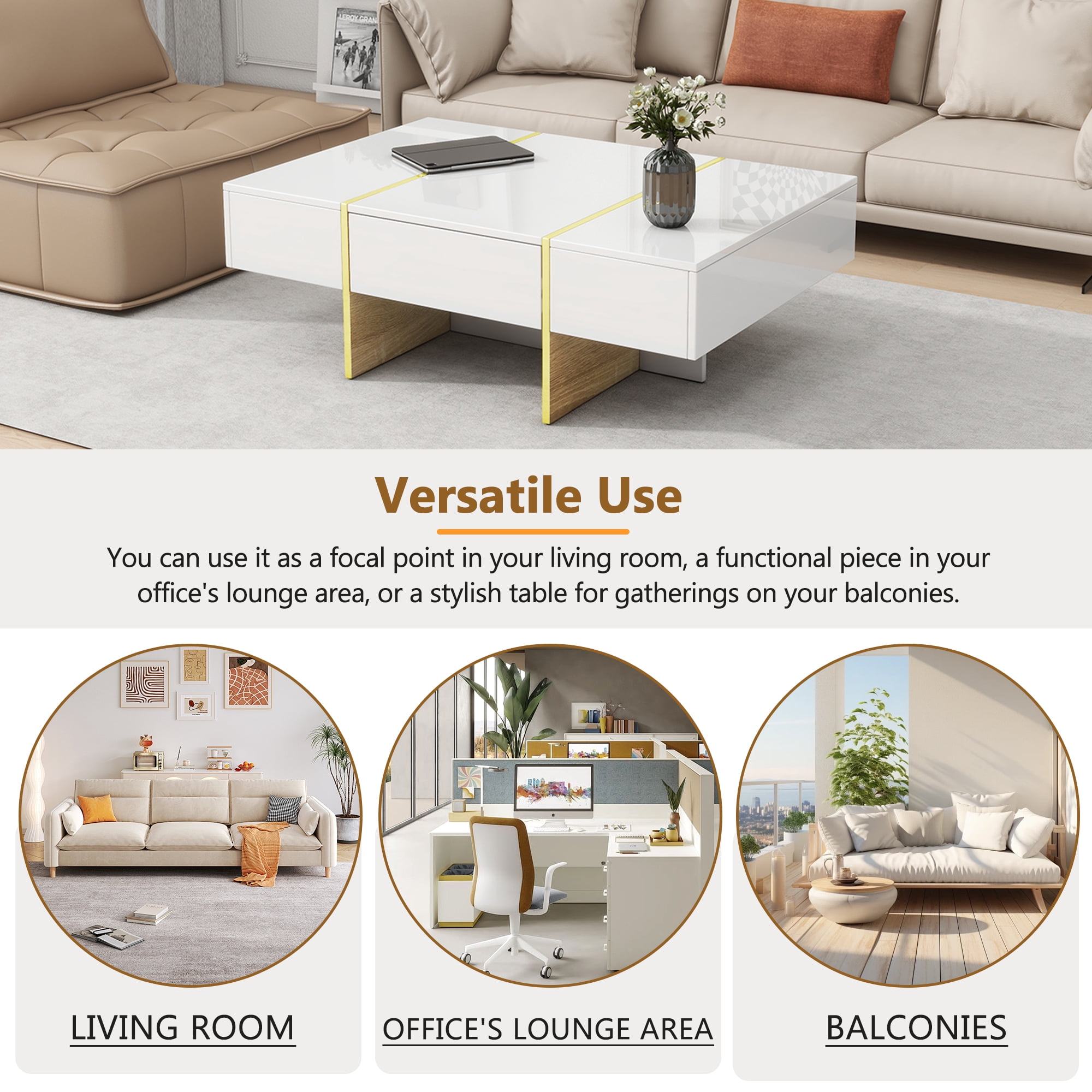 Euroco Modern Rectangle High-Gloss Coffee Table with Gold Trim and Hidden Storage Drawers, 47.2", MDF Finish