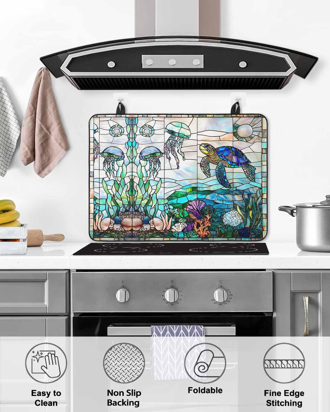 nqOlkjepod Large Induction Cooktop Protector Mat 31"x24", Summer Sea Turtle Stove Top Covers for Electric Stove, Stained Glass Ocean Jellyfish Coral Stove Burner Cover Mats, Glass Top Stove Cover