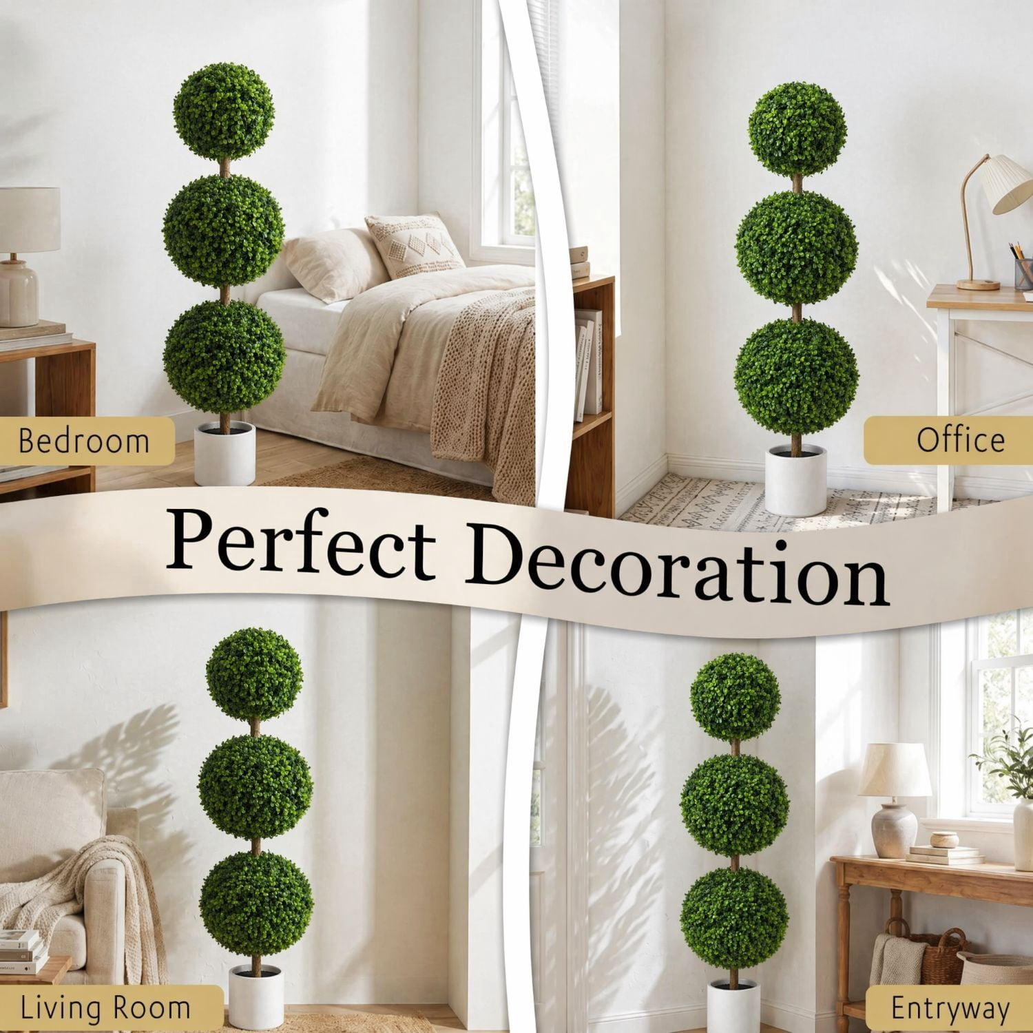 Easy4Home 4FT Artificial Triple Ball Boxwood Topiary Tree Potted Faux Floor Plant – Ready to Display