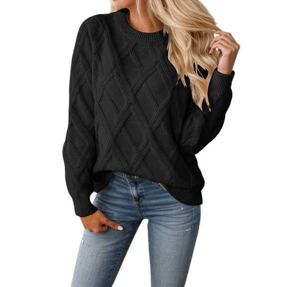 Arlun Women's Sweaters Crew Neck Pullover Cable Knit Sweater Solid Color Ribbed Casual Tops Warm Comfortable Classic Knitwear for Fall Winter Black XL