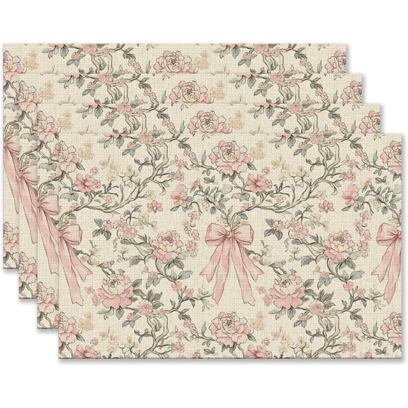 Vintage Chinoiserie Peony Floral Placemats Set of 4 12x18 Inch, Coquette Pink Bow Flowers Aesthetic Table Mats Washable Placemat for Home Party Kitchen Dining Room Decoration