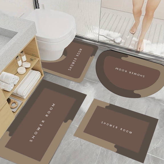 JUSEO Bathroom Rug Set 4-Piece Large Oval Toilet Mat Set, Non-Slip Backing, Quick-Dry, Brown Bathroom Accessories