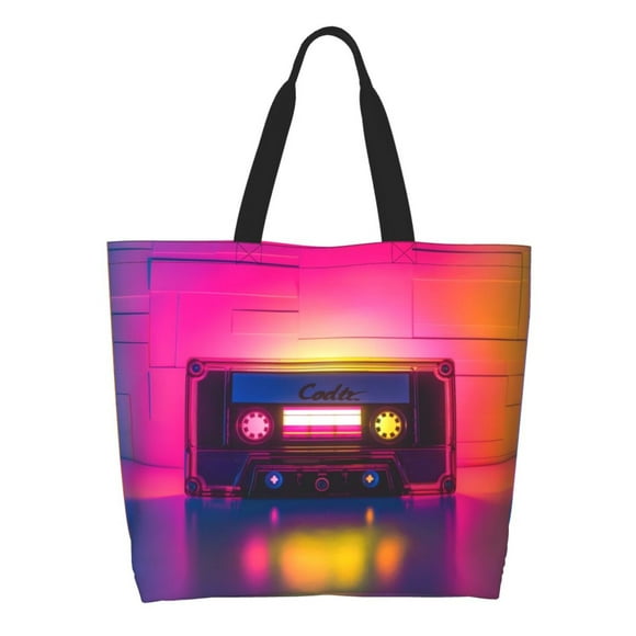 Balery Neon Cassette Tape Bolsa Tote Estilo Estético con Cremalleras, Bolsa de Hombro, Bolsa de Compras Grande y Plegable