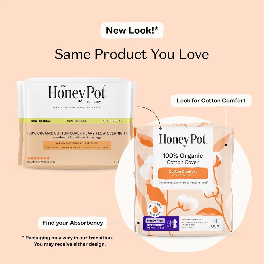 Honey Pot 100% Organic Cotton Cover Cotton Comfort Heavy Flow Overnight Pads, 11ct