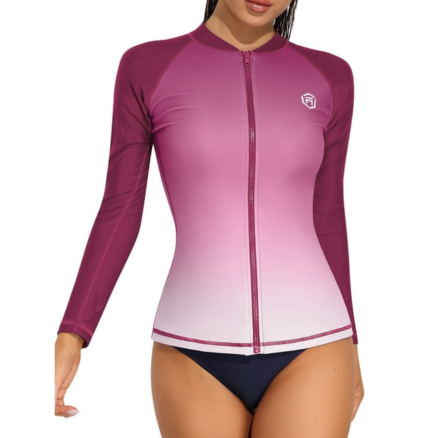 Rash Guard Shirt for Women Zip Front Long Sleeve Sun Protection Swimwear Tops