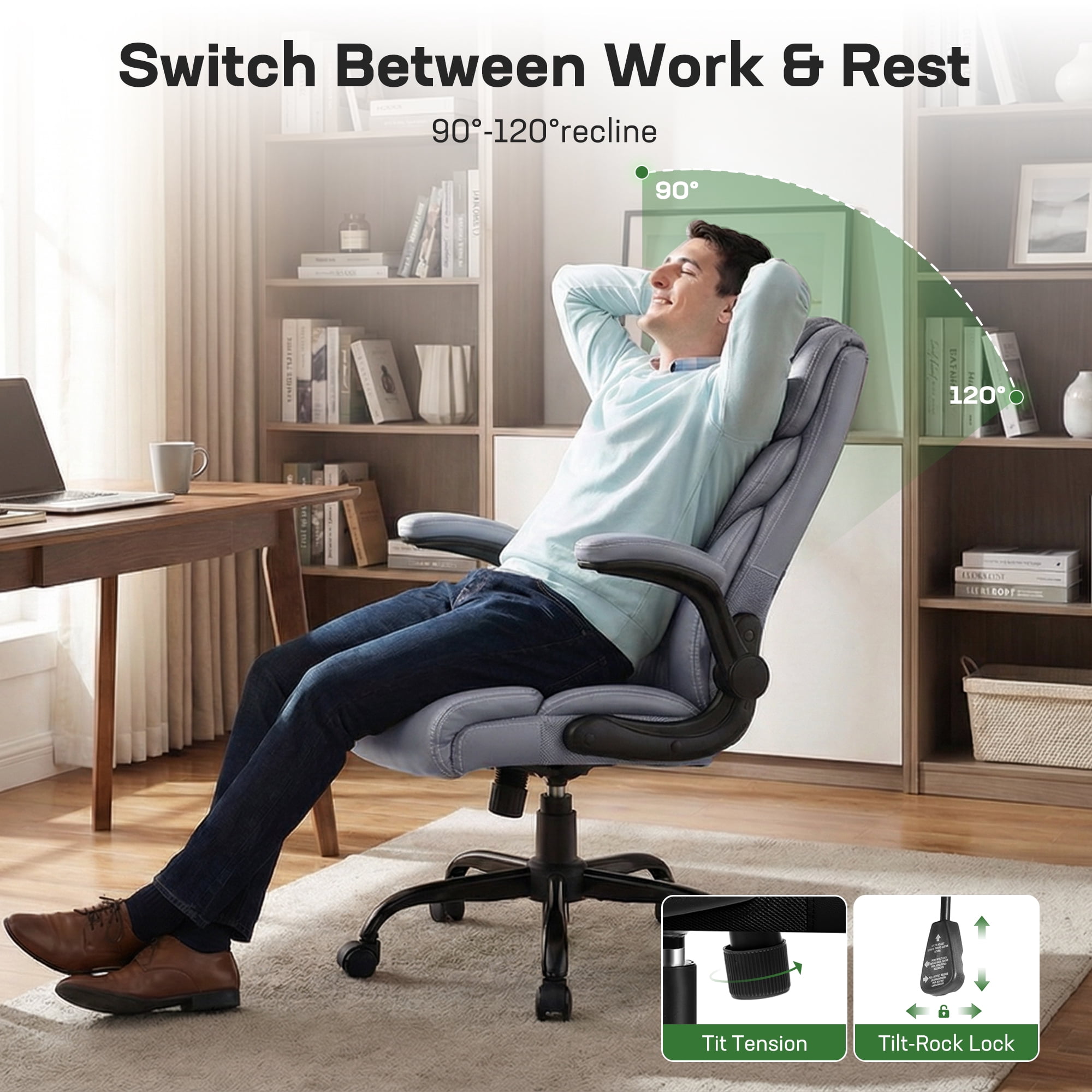 ATHOPE Leather Office Chair, Big and Tall Office Chair with Lumbar Support, High Back Executive Desk Chairs with Flip-up Armrest, Breathable PU Ergonomic Computer Chair, 360°Swivel Free, Gray