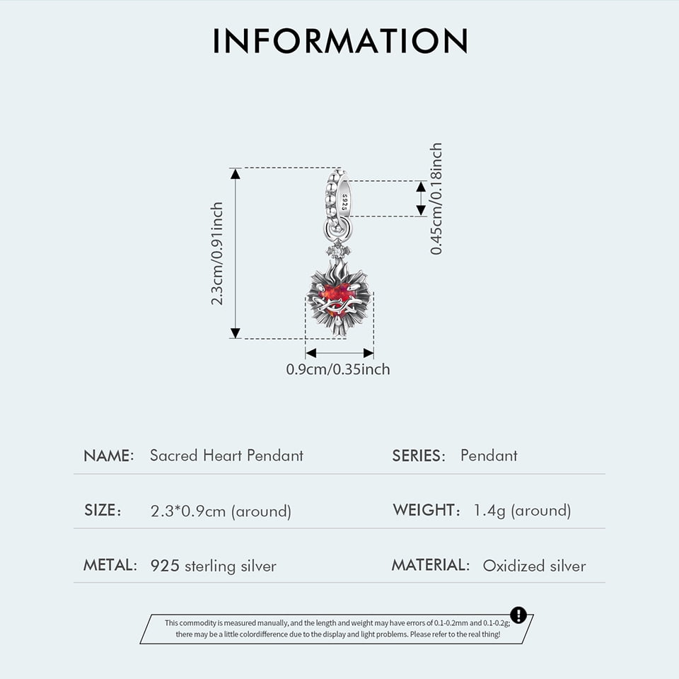 Sacred Heart Pendant Charm, 925 Sterling Silver Charm Bracelet Accessory, Compatible with 3mm-4.5mm Bracelet