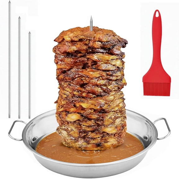 Al Pastor Skewer for Grill & Oven – Vertical Rotisserie with Detachable Shawarma Pan, 3 Removable Spikes (7" 9" 11") – Trompo King El Pastor Skewer, Vertical Gyro Spit Plate, Doner Kebab Meat Cooker