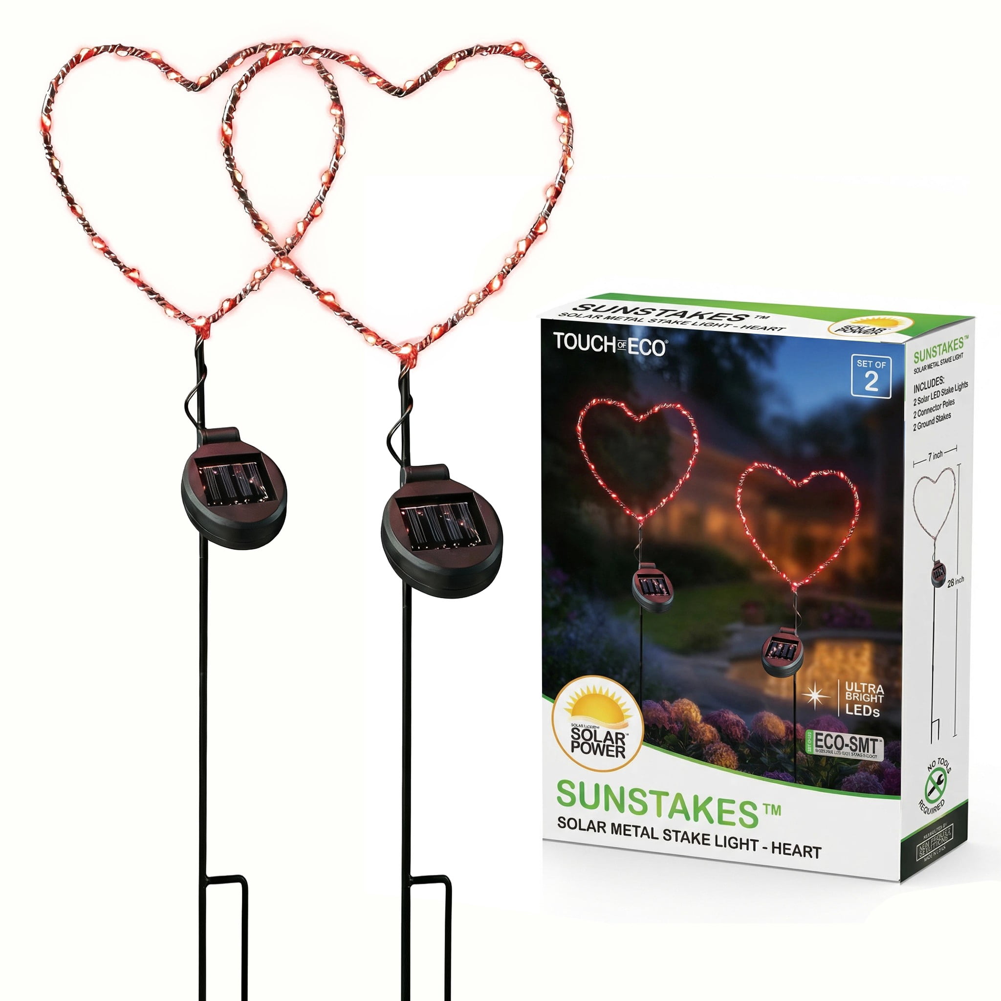 Outdoor Solar Powered LED Metal Garden Decorative Stake Light - 2 Pack Red Heart