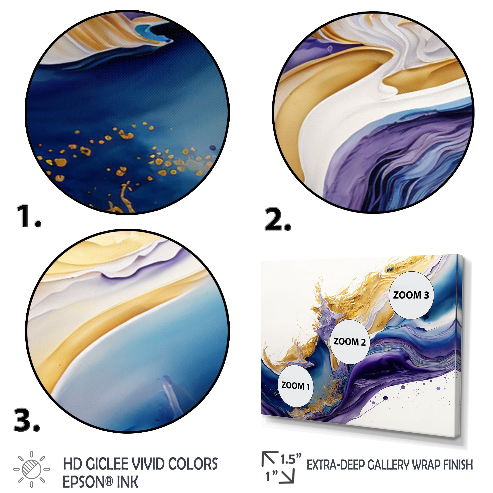 Designart Blue, Gold And Purple Splash Paint V Canvas Wall Art
