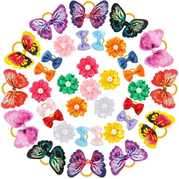 Adorable 36 Pieces Dog Hair Bows with Rubber Bands- Chic Butterfly & Flower Pearls Design - Perfect Grooming Accessories for Pets