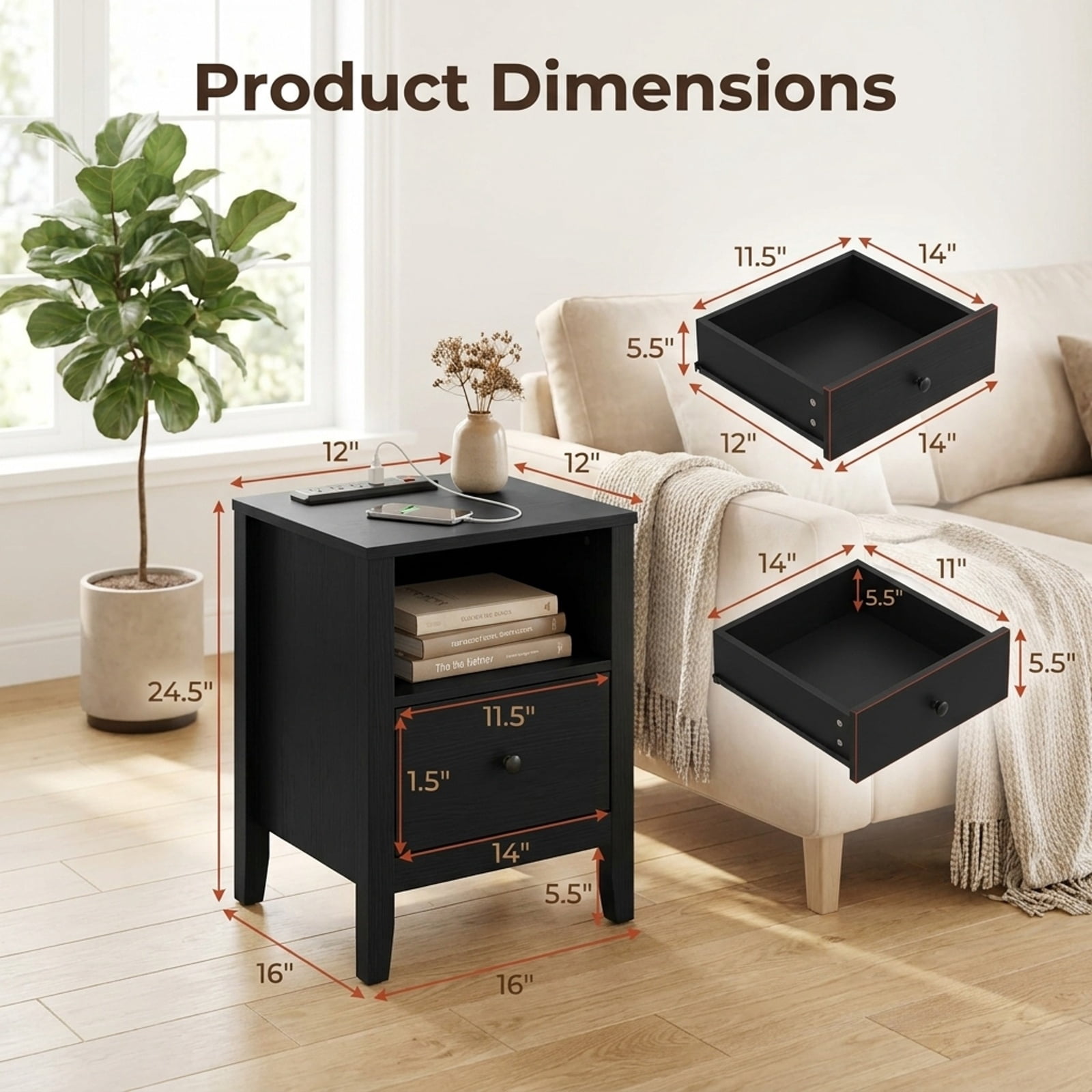 Furnibear Nightstand with Charging Station 24.5 inch Modern Bedside Table with Fabric Drawer for Bedroom Living Room Bedside Sofa Side Small, Black