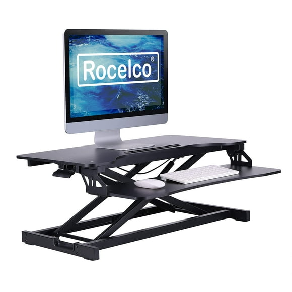 Rocelco Standing Desk Converter 31.5 Inch Sit Stand Up Dual Monitor Tabletop Riser with Tablet Mount, Height Adjustable Home Office Workstation - Deep Keyboard Tray for Laptop Mouse - B