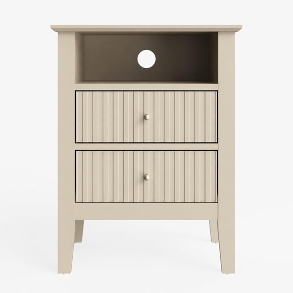 Beige Fluted Nightstand with 2 Drawers Engineered Wood Modern Bedside End Table for Bedroom Living Room