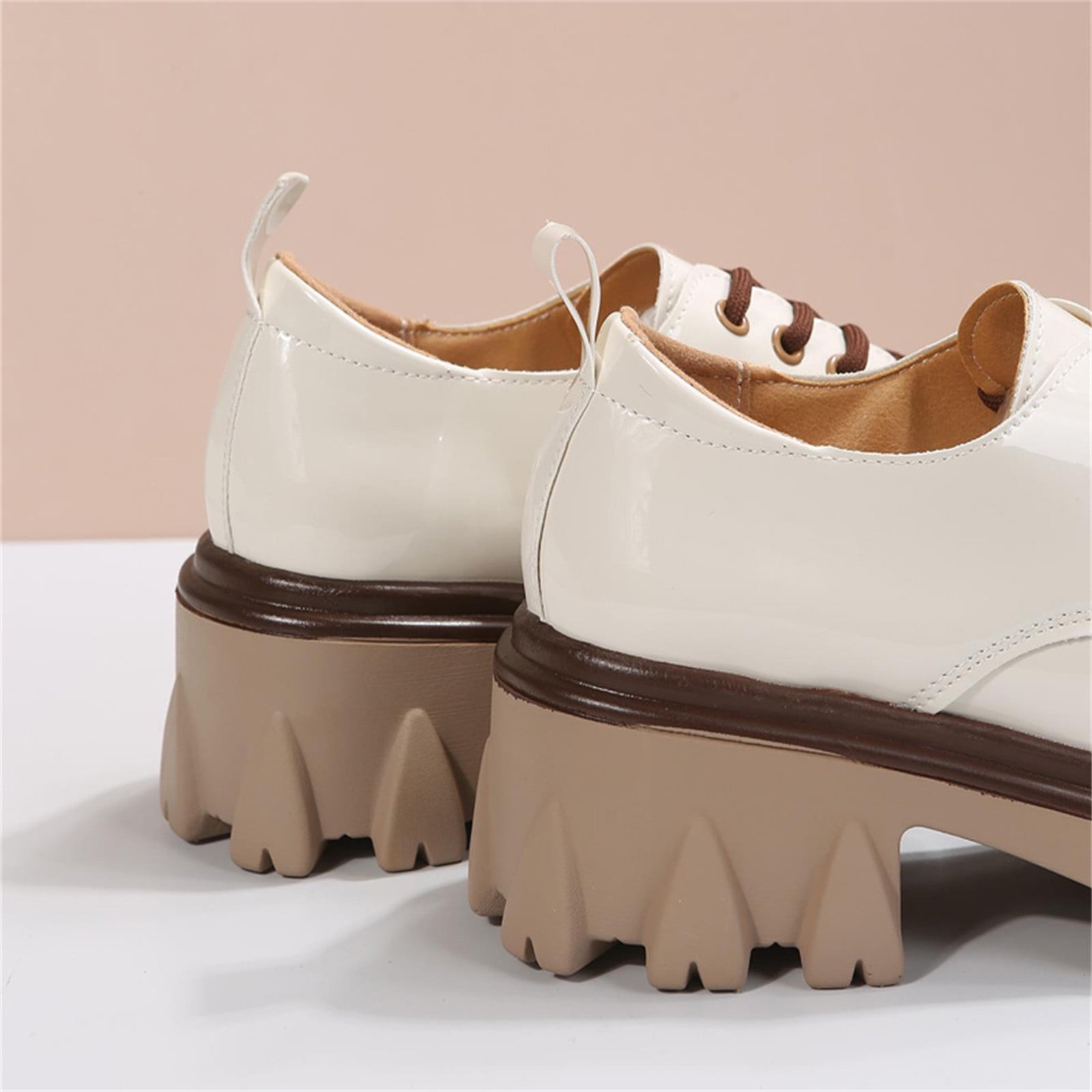 NOKIO Señoras Estilo Británico Color a Juego Cuero con Cordones Tacón Grueso Moda Casual Zapatos Individuales Tacones de Cuña Formales Mujeres con Cordones Tacón Grueso Moda Casual Zapatos Individuales