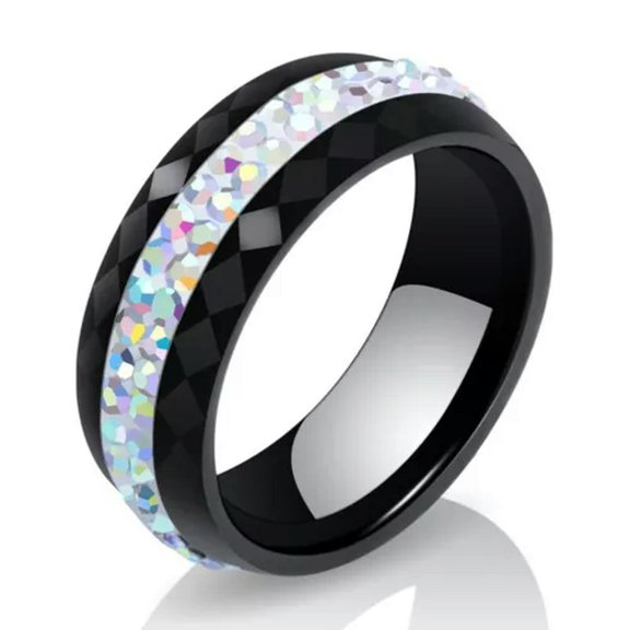 8mm Black/White Ceramic Band Rings Men Women's White/Rainbow AAA Cz Ring Sz 6-10
