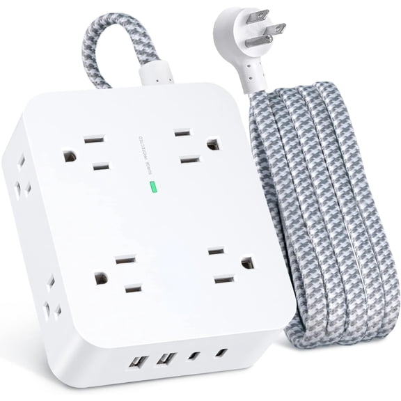 AllWays Plaza Extension Cord 20 Ft, Power Strip Surge Protector with 8 Outlets 4 USB Ports(2 USB C), Long Cord, Flat Plug, Wall Mount, Desk USB Charging Station for Home Office Essentials