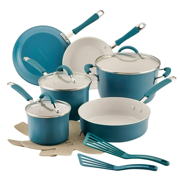 Rachael Ray Cucina Ceramic Nonstick Pots and Pans Set with Saucepans, Saute, Frying Pans, Stockpot, Lids, Pan Protectors, and Cooking Utensils, 13 Piece Non Stick Cookware Set - Marine Blue