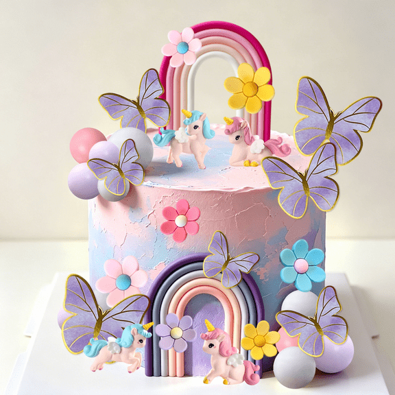 Floral Rainbow Cake Decoration Set - Purple Butterfly Cake Topper for Birthdays, Weddings, and Milestone Celebration Parties