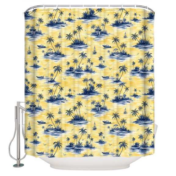 Blue Palm Trees Bathroom Shower Curtains with 12 Hooks Polyester Waterproof Shower Curtain for Stalls and Bathtubs Summer Island Ocean Waves Country Yellow Decorative Bathroom Curtain 60x72 Inches