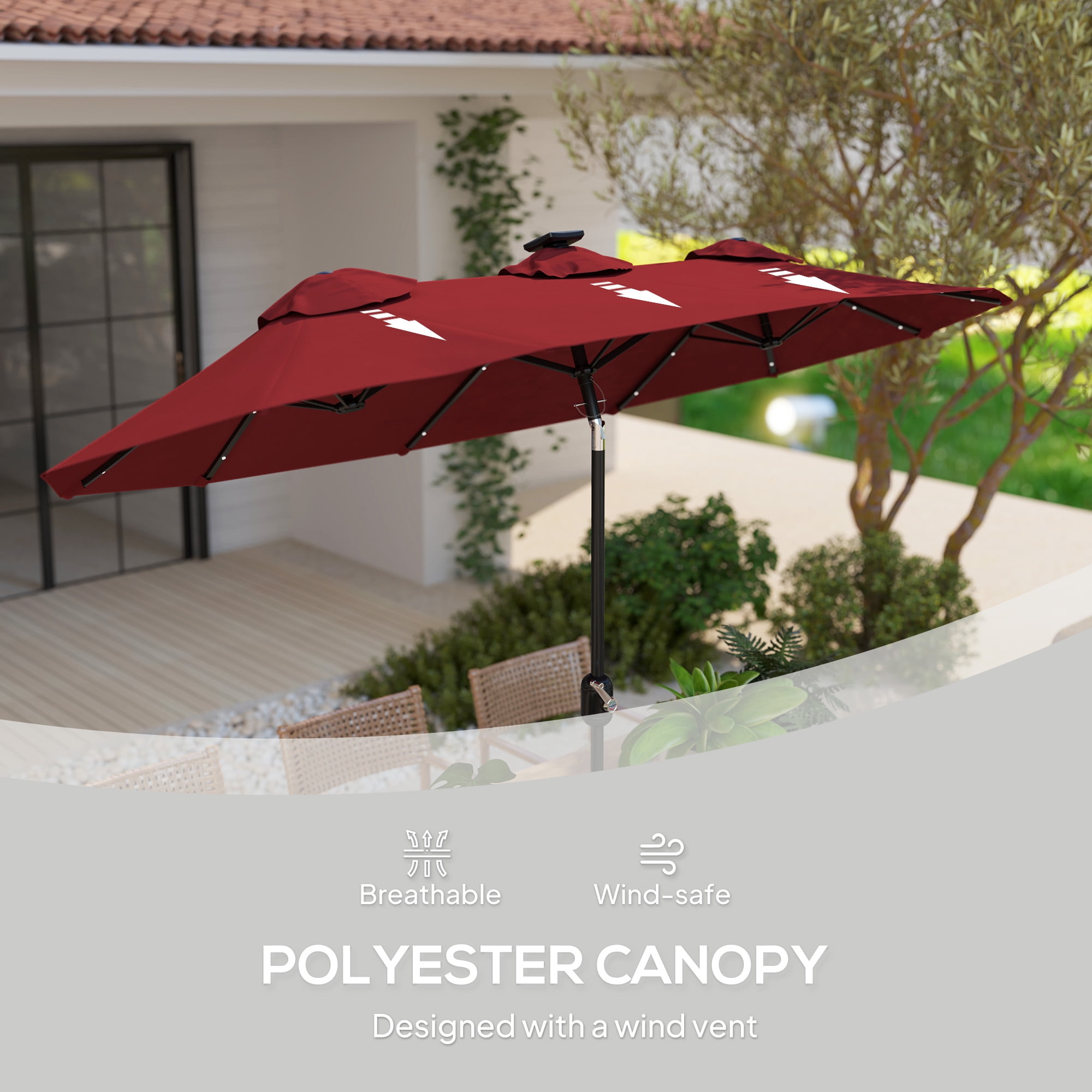 Outsunny 9.7' Double-sided Patio Umbrella with 3 Air Vents, Tilt and Crank, Outdoor Umbrella, Red