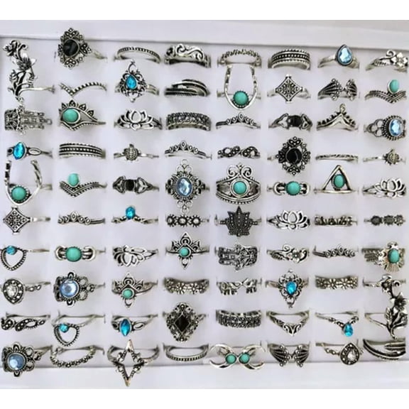 K-KED 100pcs Women's Vintage Retro Silver Rings Bohemia Popular Flower Lucky Ring