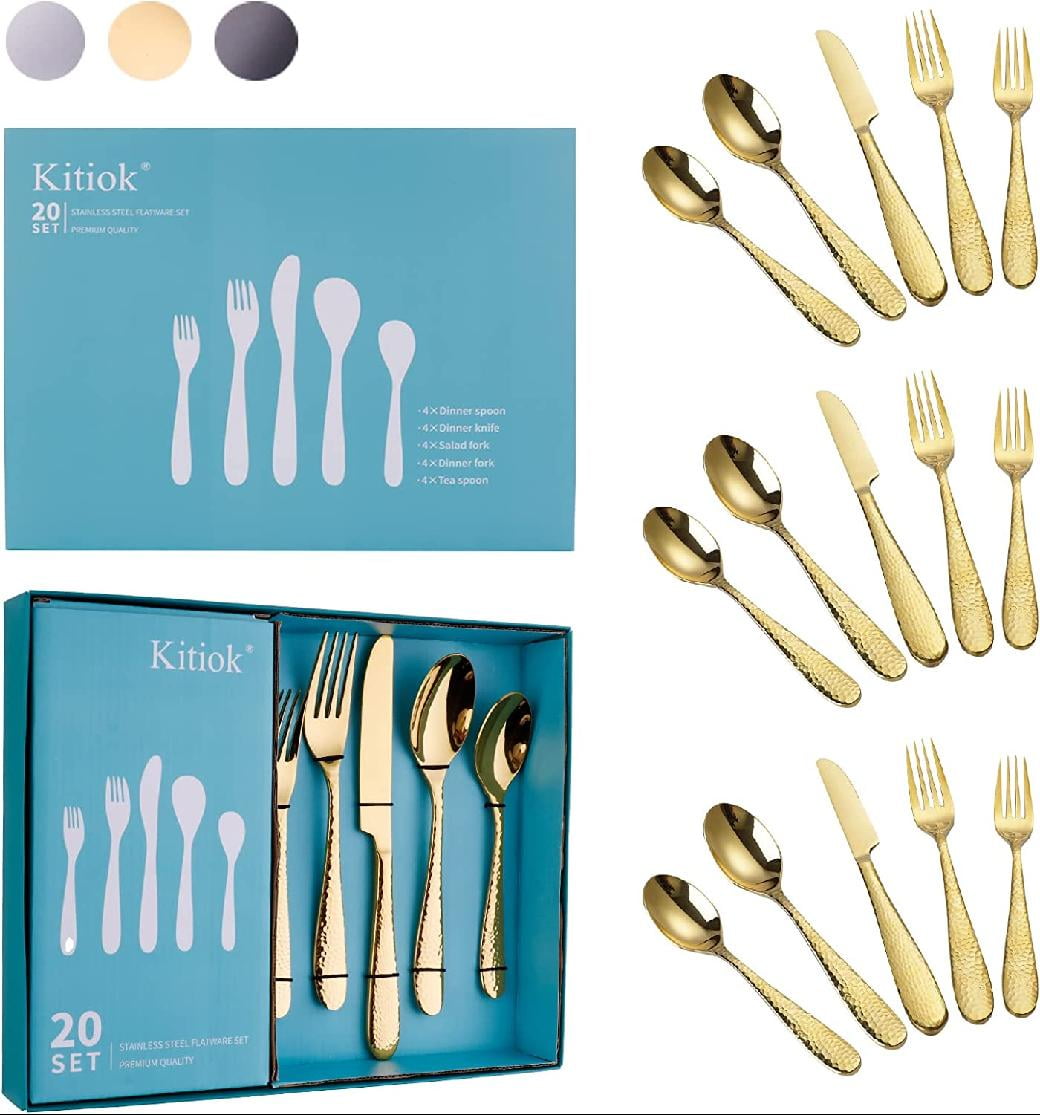 Hammered Gold Silverware Set, 20Piece 18/10 Stainless Steel Flatware